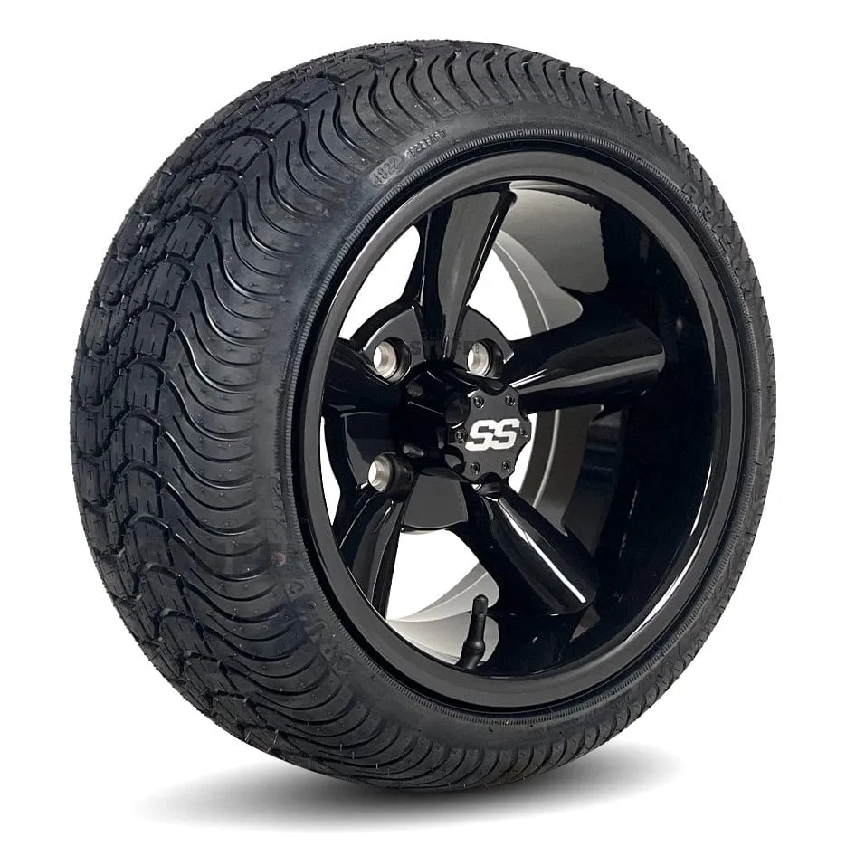 12" Godfather Gloss Black Golf Cart Wheels and DOT Approved Street Turf Tires Combo - Set of 4