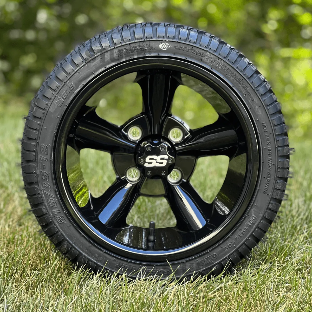 12" Godfather Gloss Black Golf Cart Wheels and DOT Approved Street Turf Tires Combo - Set of 4
