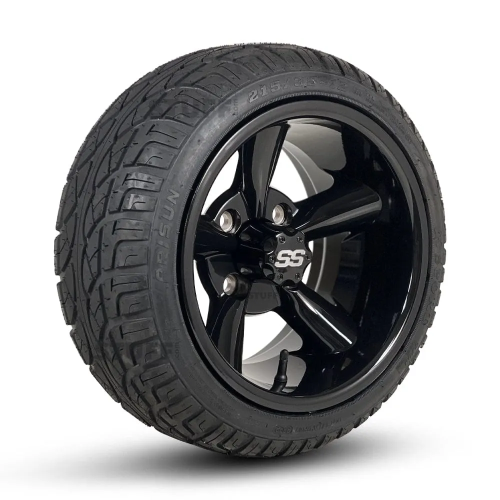 12" Godfather Gloss Black Golf Cart Wheels and DOT Approved Street Turf Tires Combo - Set of 4