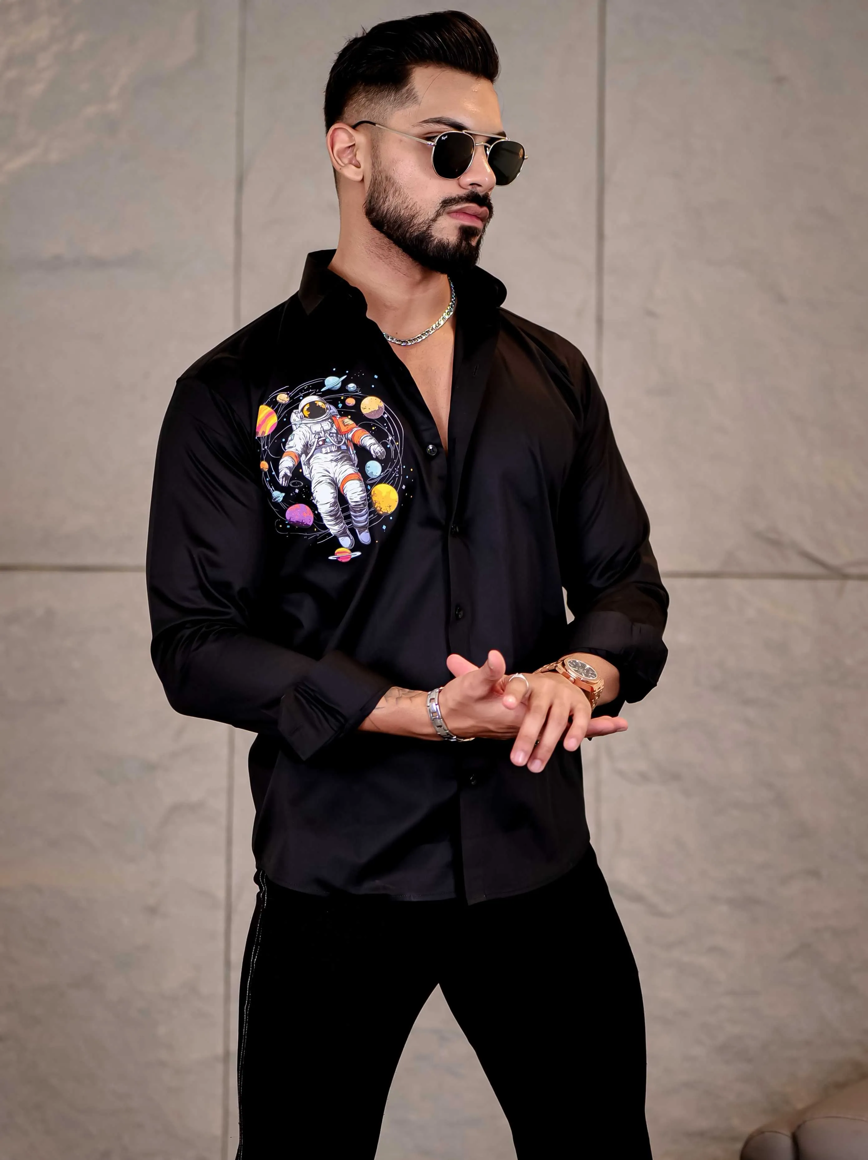Black Club Wear Planets Printed Satin Cotton Shirt