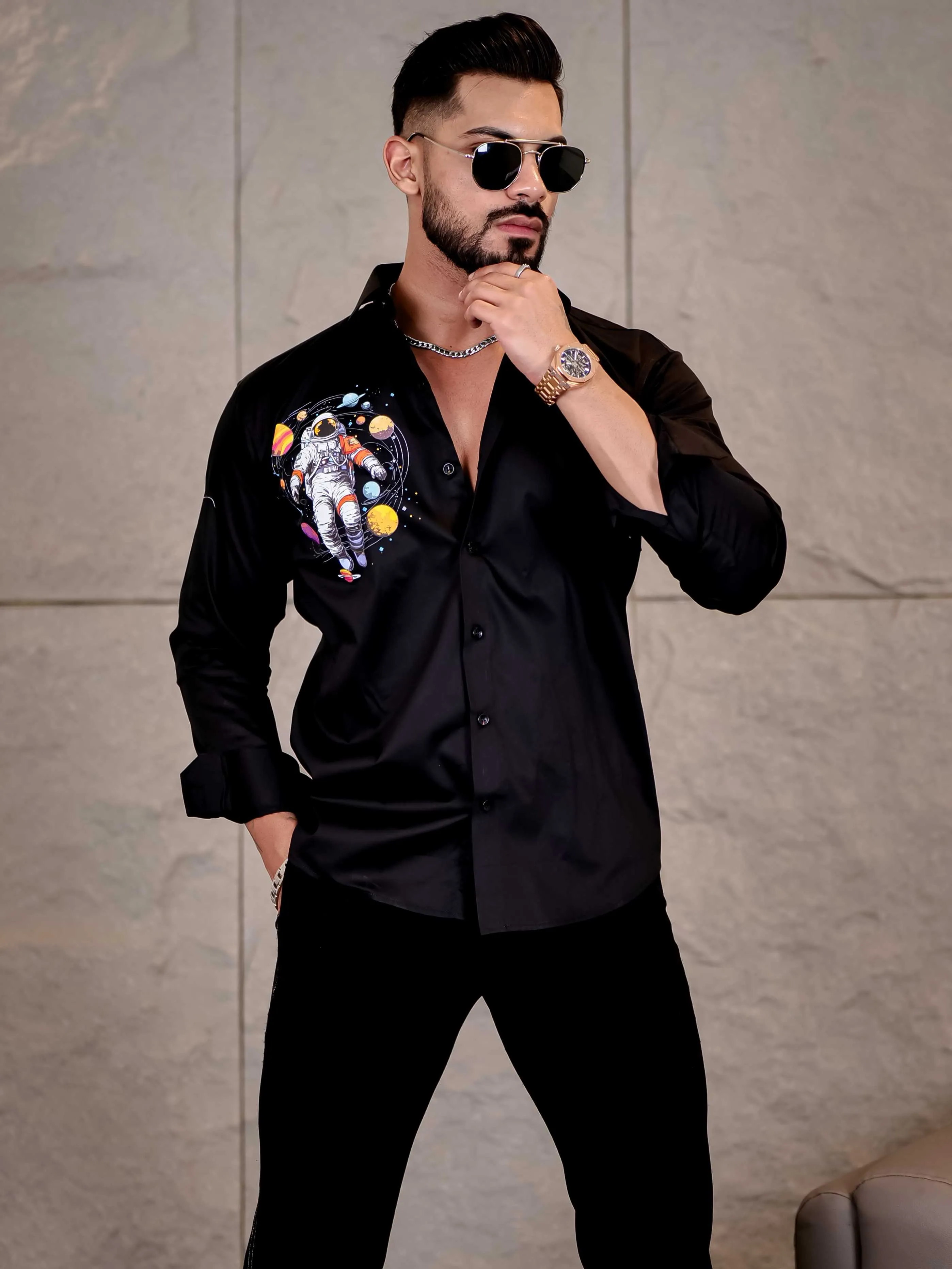 Black Club Wear Planets Printed Satin Cotton Shirt