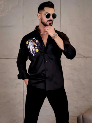 Black Club Wear Planets Printed Satin Cotton Shirt
