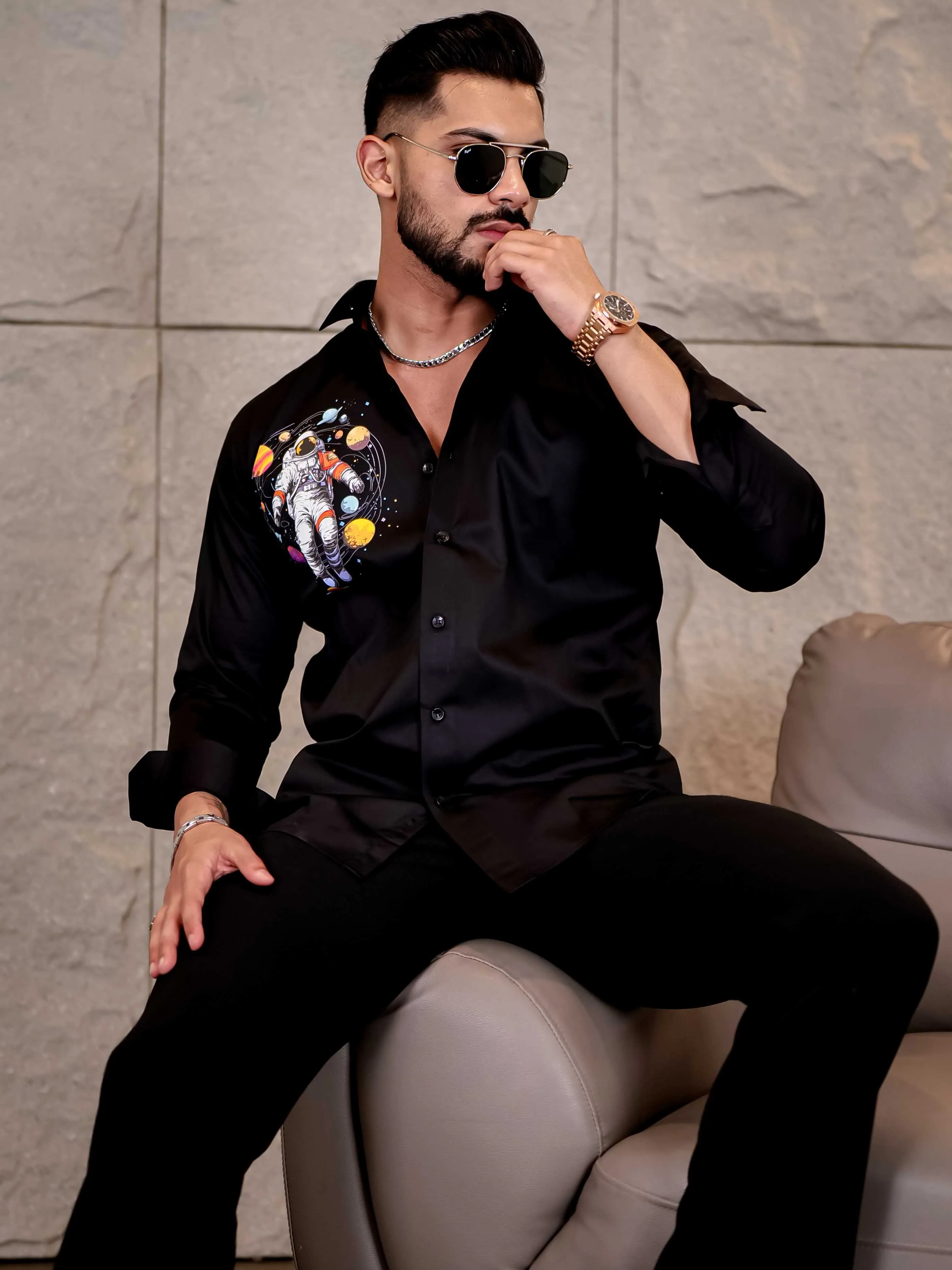 Black Club Wear Planets Printed Satin Cotton Shirt