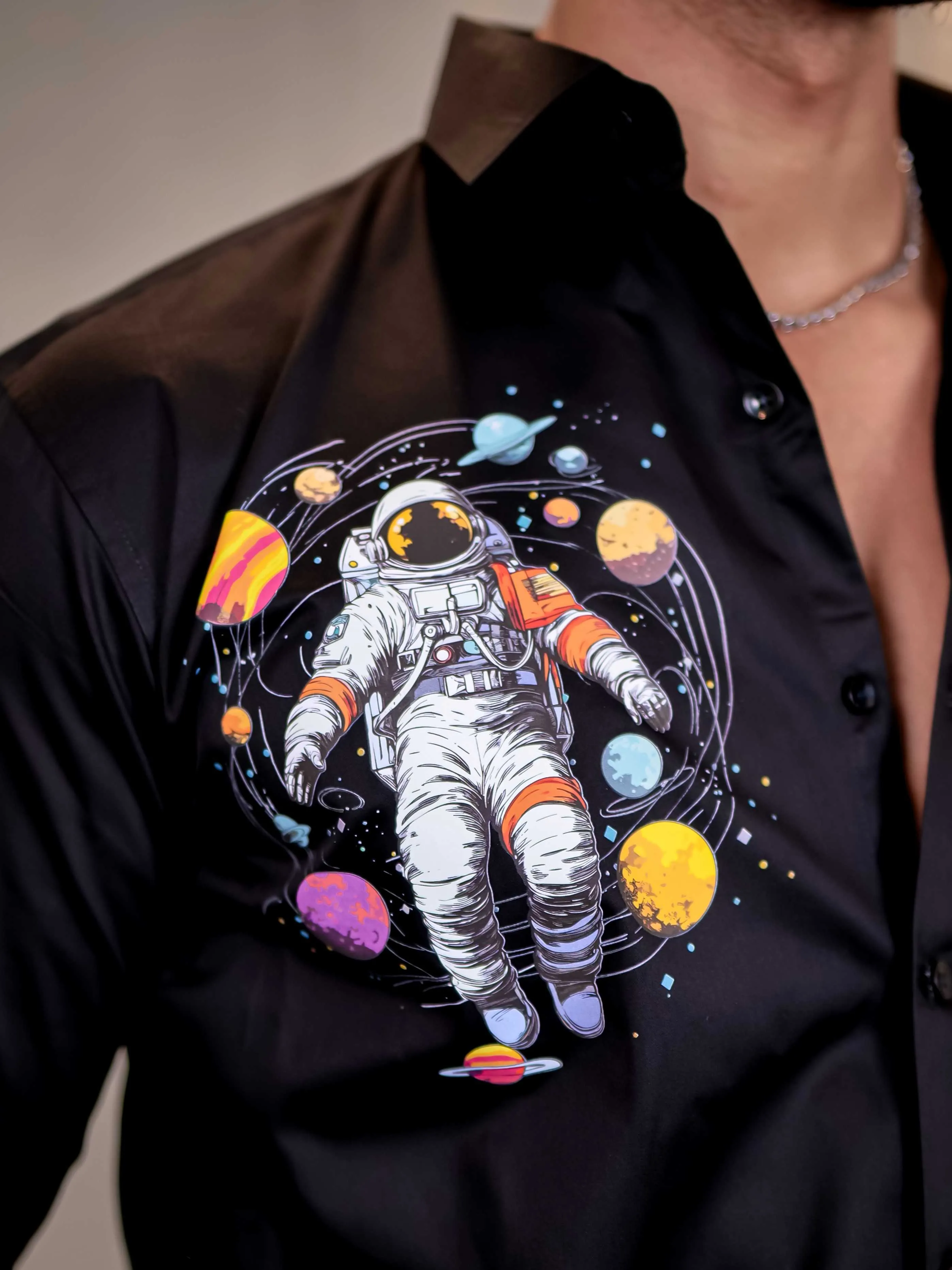 Black Club Wear Planets Printed Satin Cotton Shirt