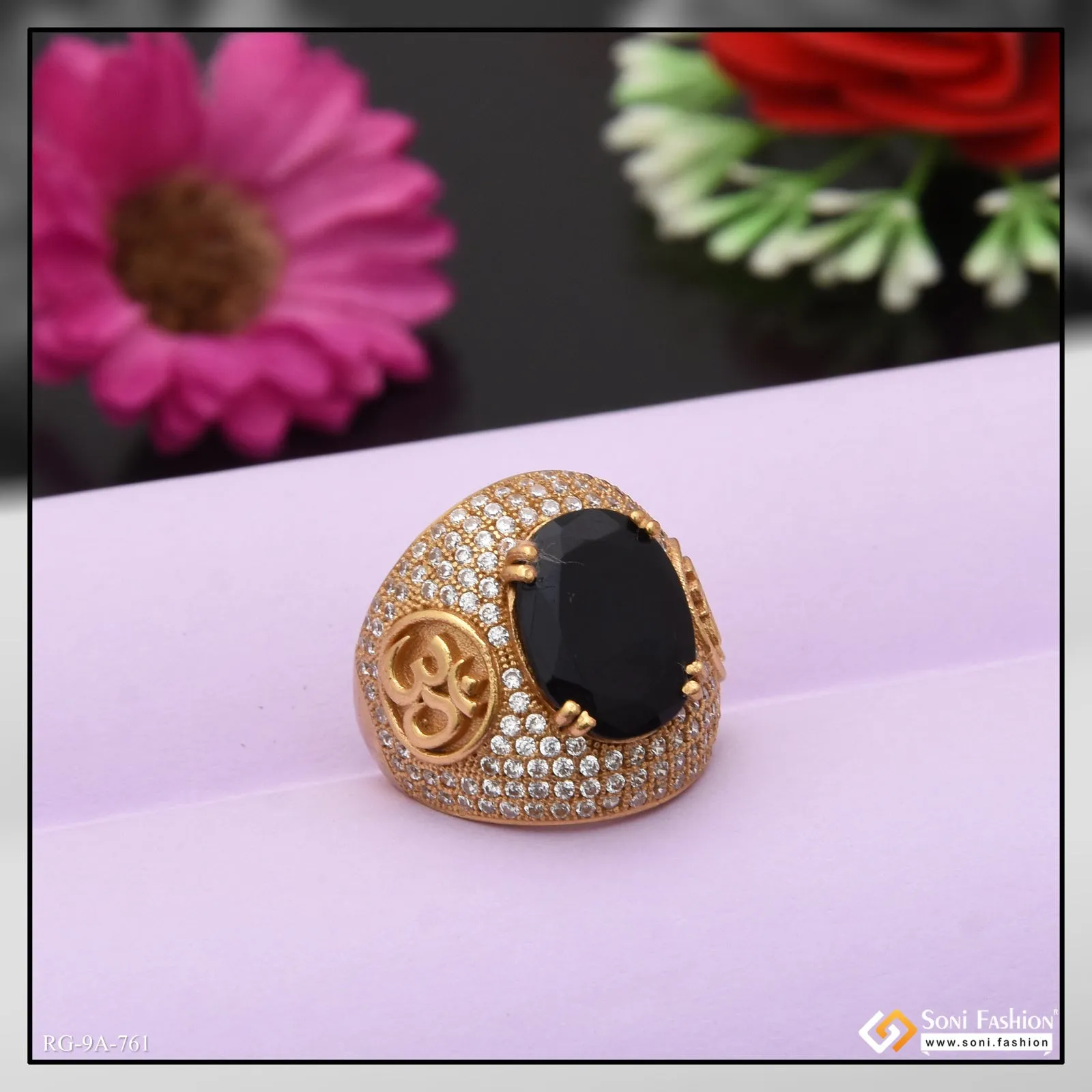 Black Stone with Diamond Sophisticated Design Gold Plated Ring for Men - Style A761