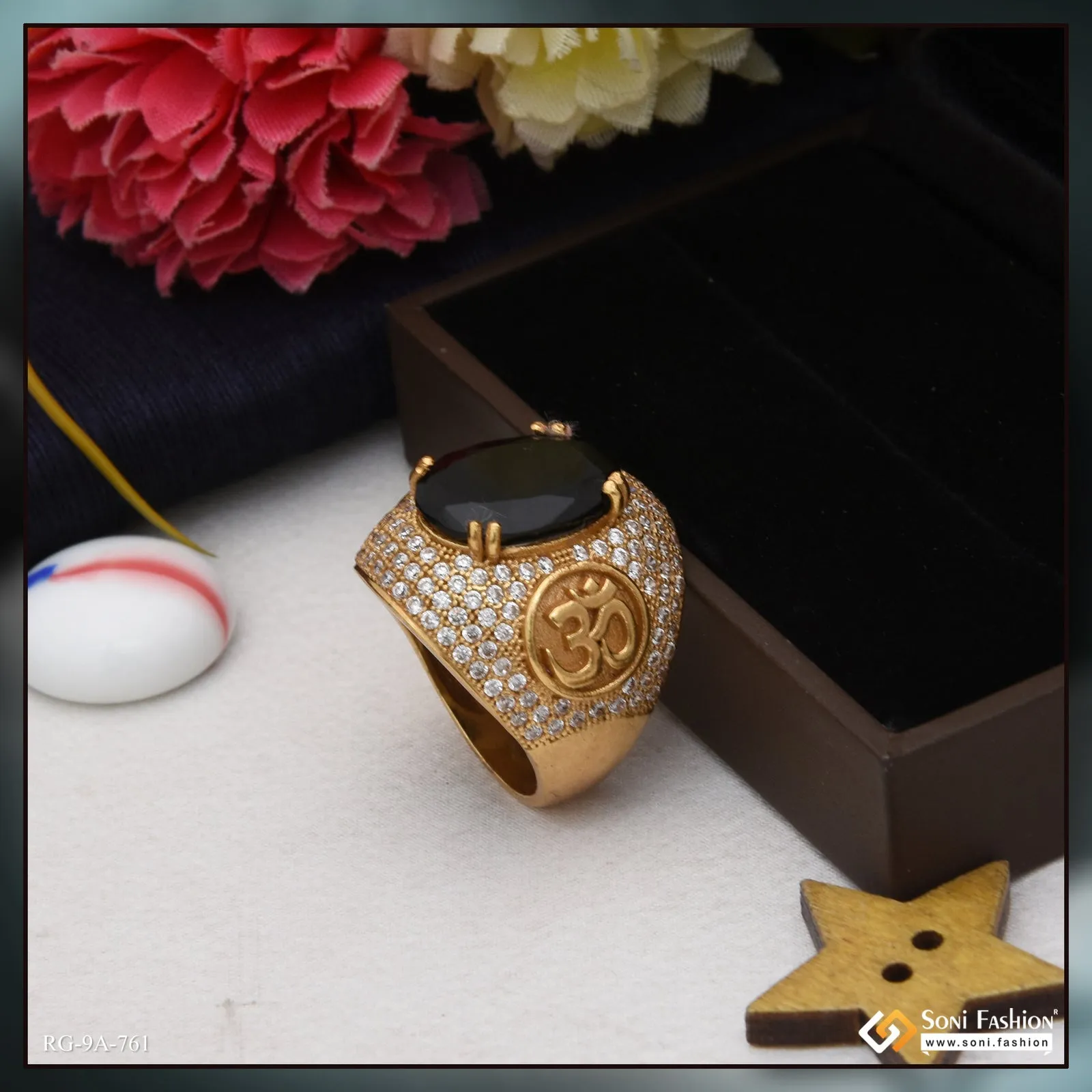 Black Stone with Diamond Sophisticated Design Gold Plated Ring for Men - Style A761