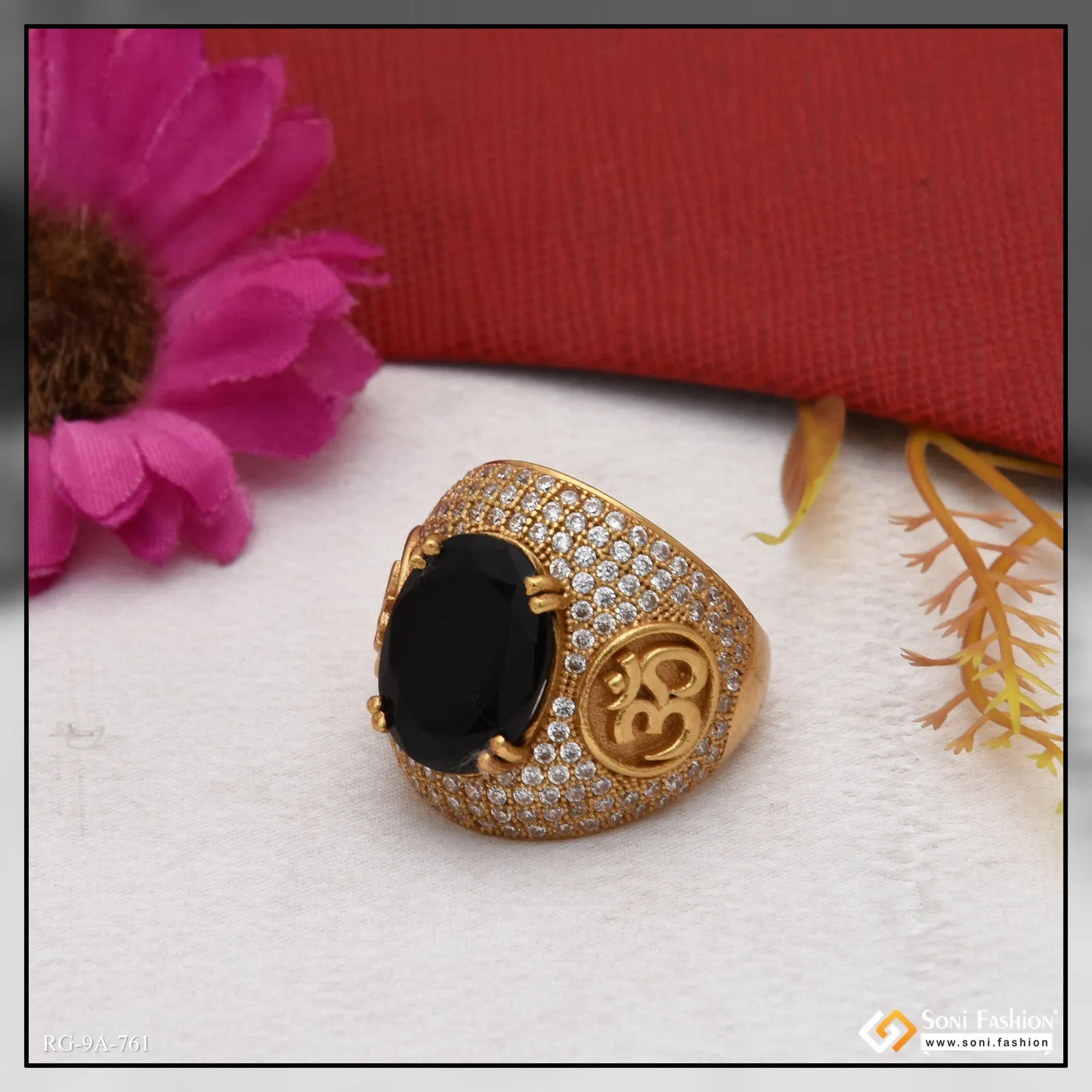 Black Stone with Diamond Sophisticated Design Gold Plated Ring for Men - Style A761