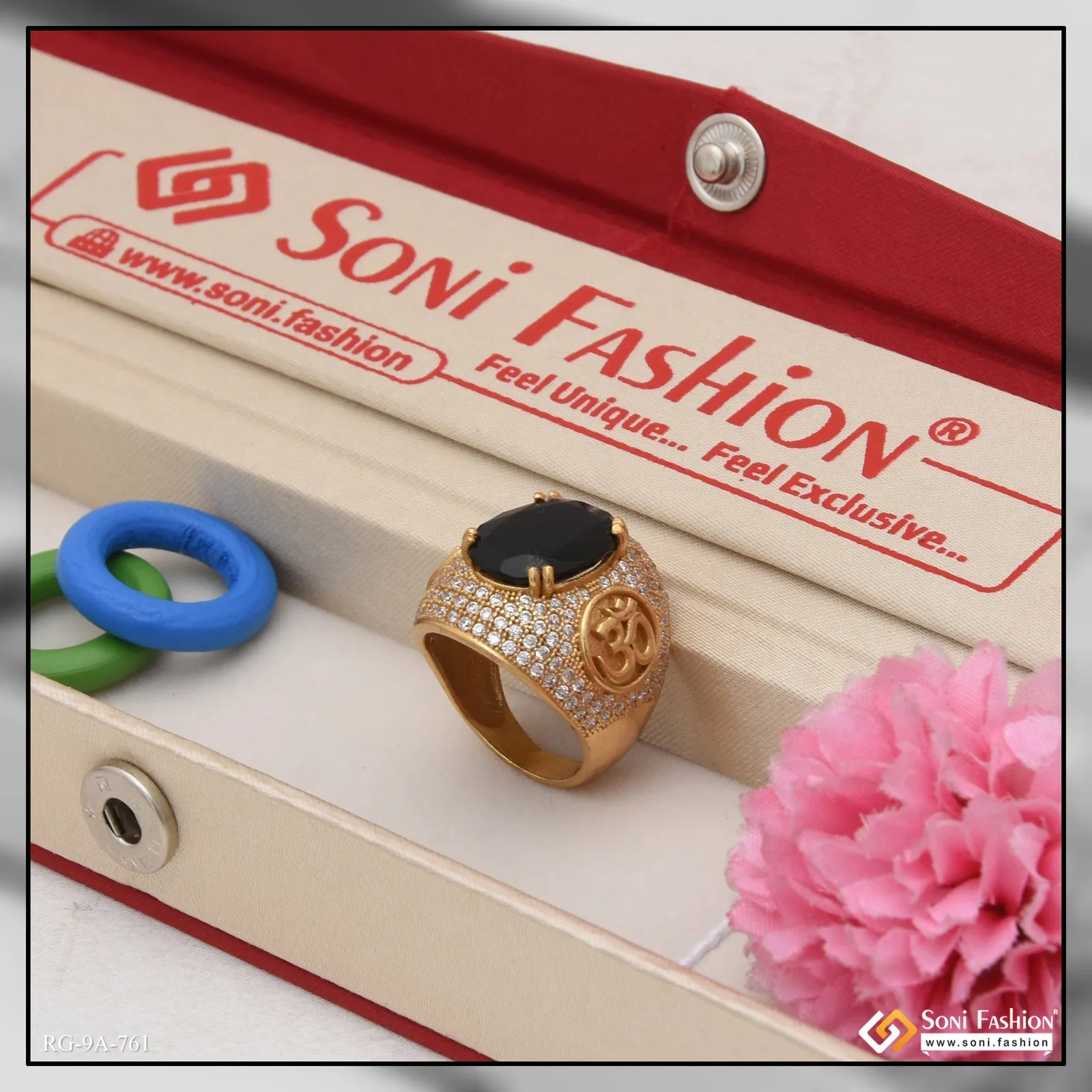 Black Stone with Diamond Sophisticated Design Gold Plated Ring for Men - Style A761