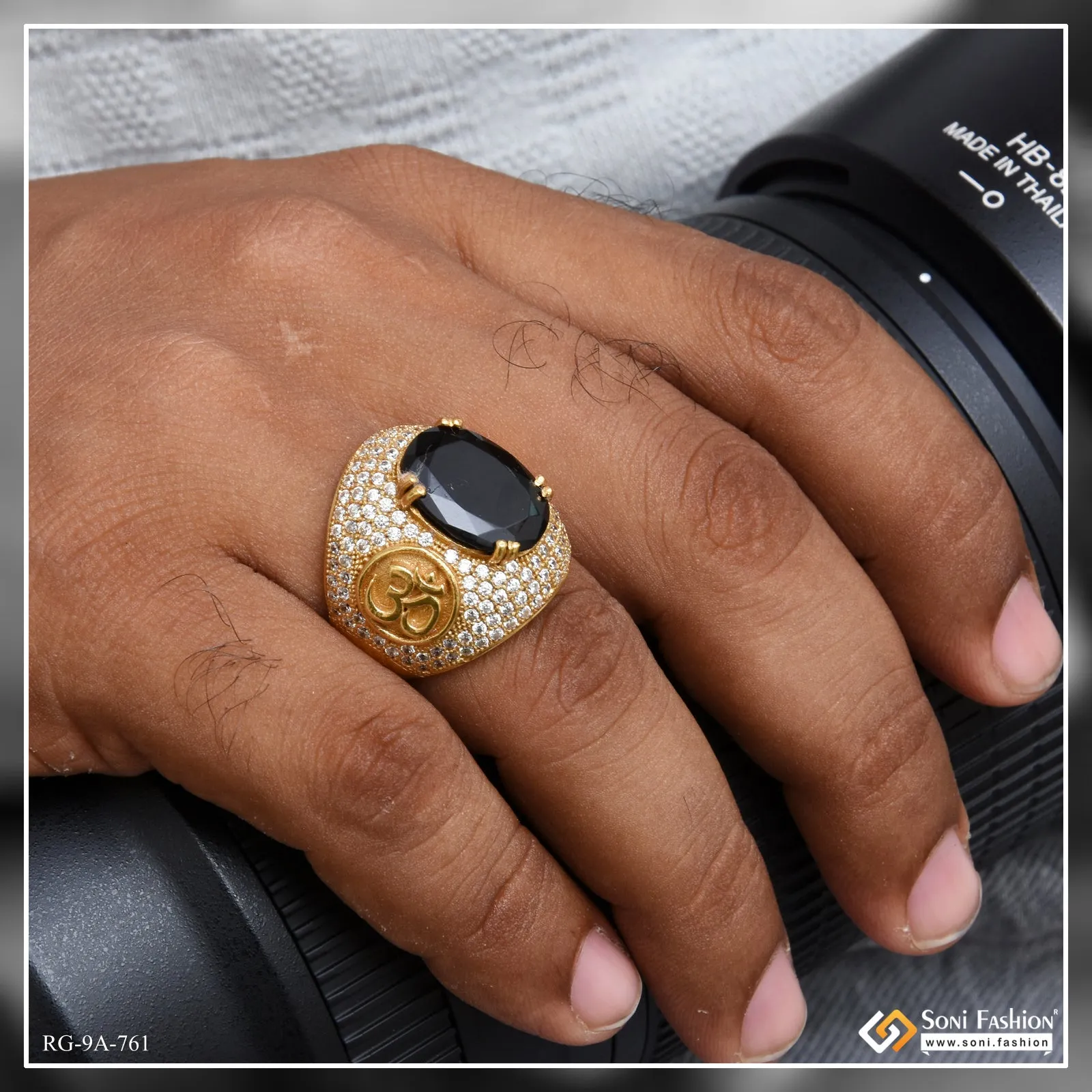 Black Stone with Diamond Sophisticated Design Gold Plated Ring for Men - Style A761