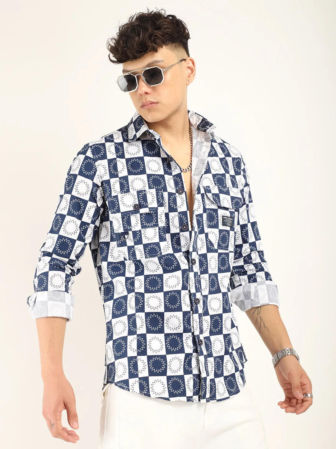 Chess Codd Navy Flower Print Full Sleeve Shirt
