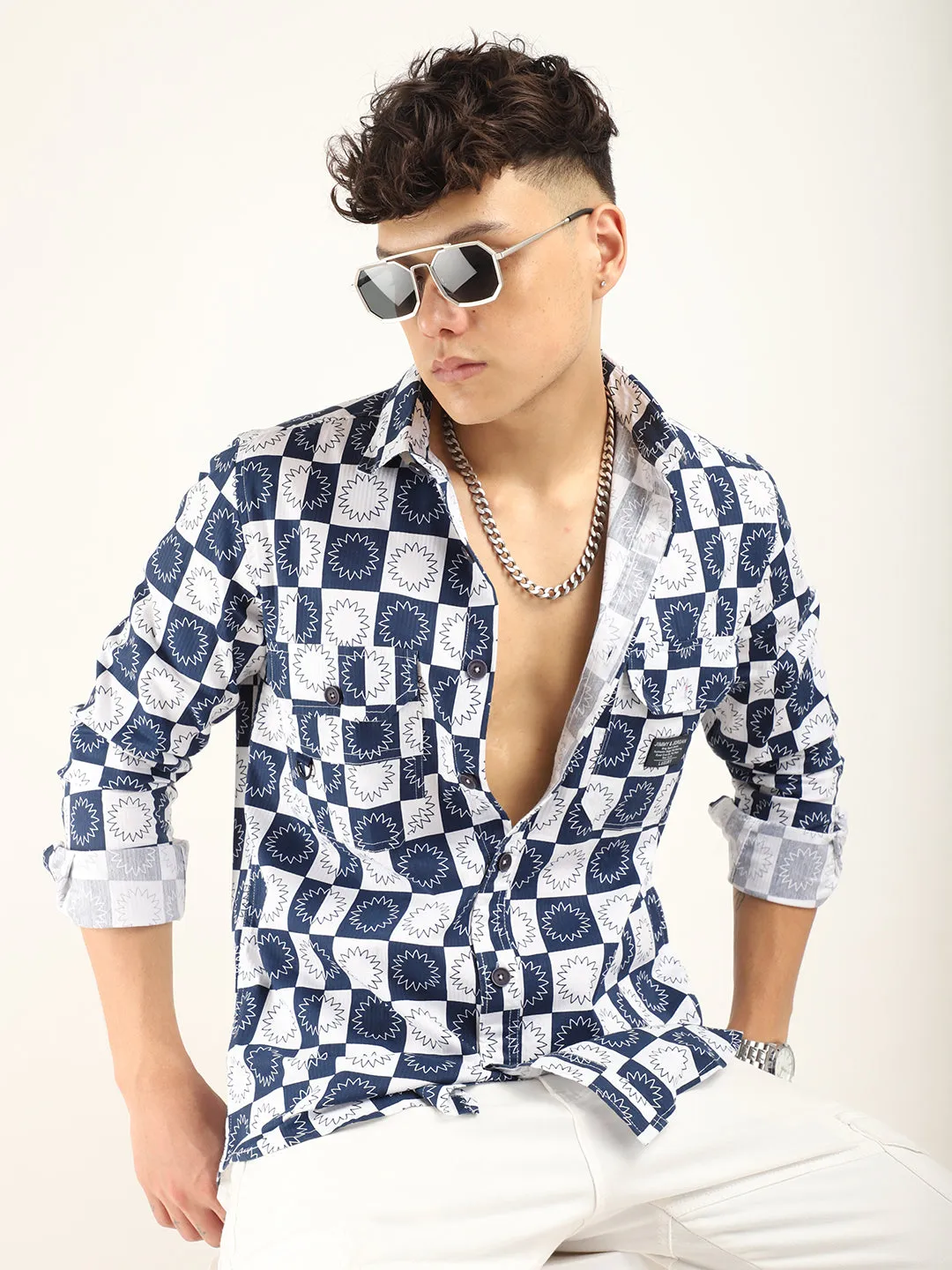 Chess Codd Navy Flower Print Full Sleeve Shirt