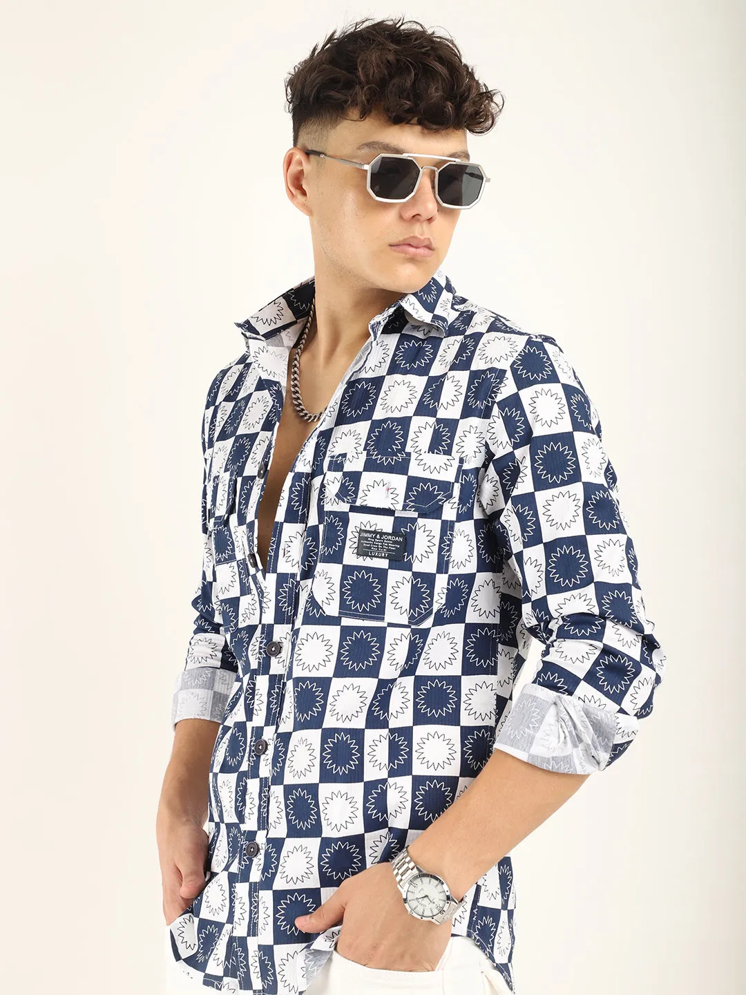 Chess Codd Navy Flower Print Full Sleeve Shirt