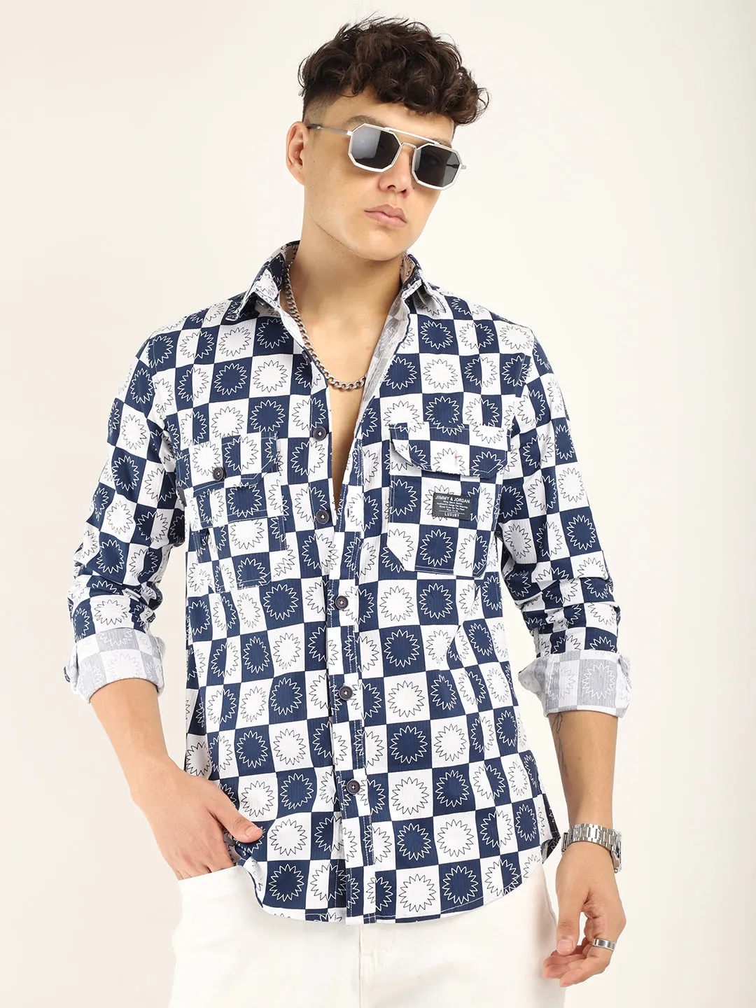 Chess Codd Navy Flower Print Full Sleeve Shirt