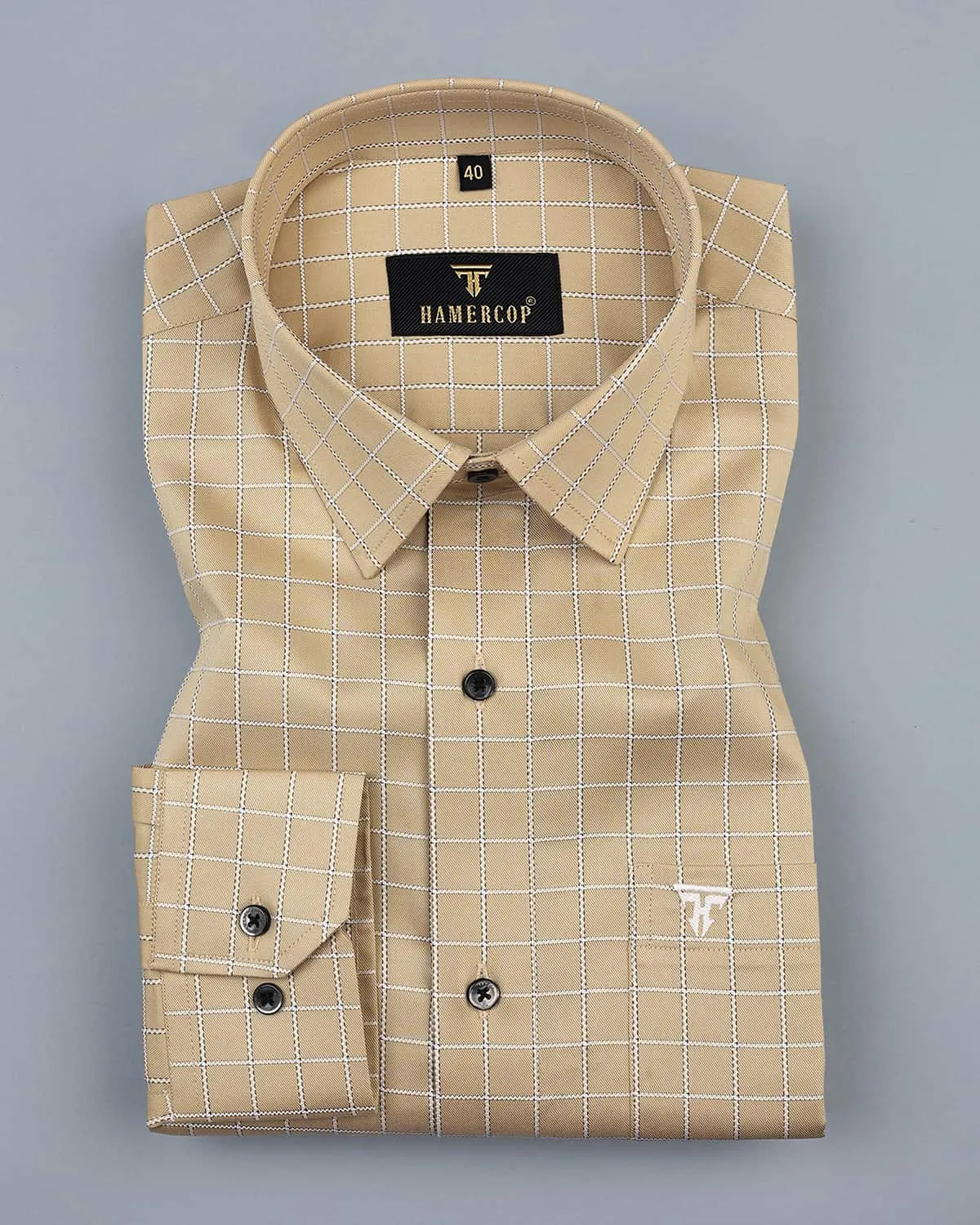 Coconut Cream With White Check Formal Cotton Shirt