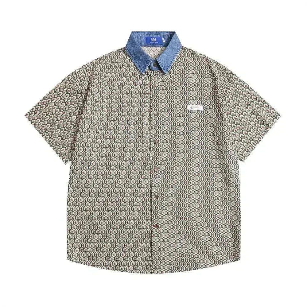 Color Contrast Patchwork Lapel Plaid Casual Short-sleeved Shirt