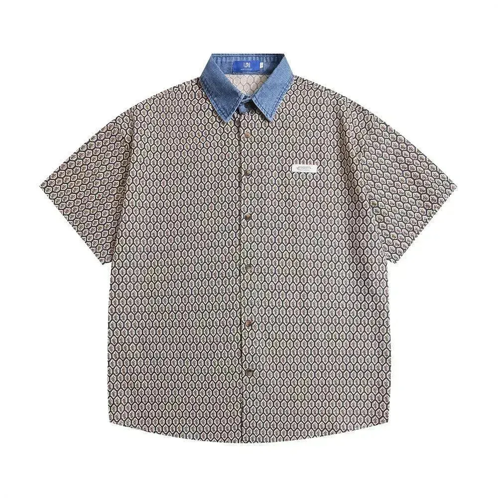 Color Contrast Patchwork Lapel Plaid Casual Short-sleeved Shirt
