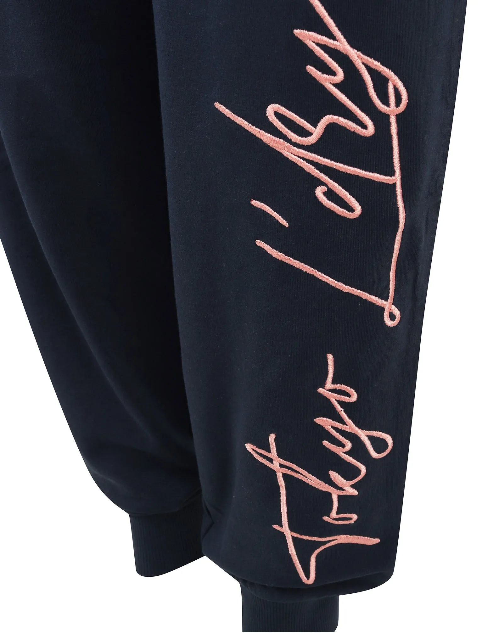Cristo Embroidered Brushback Fleece Cuffed Joggers in Peacoat Blue - Tokyo Laundry