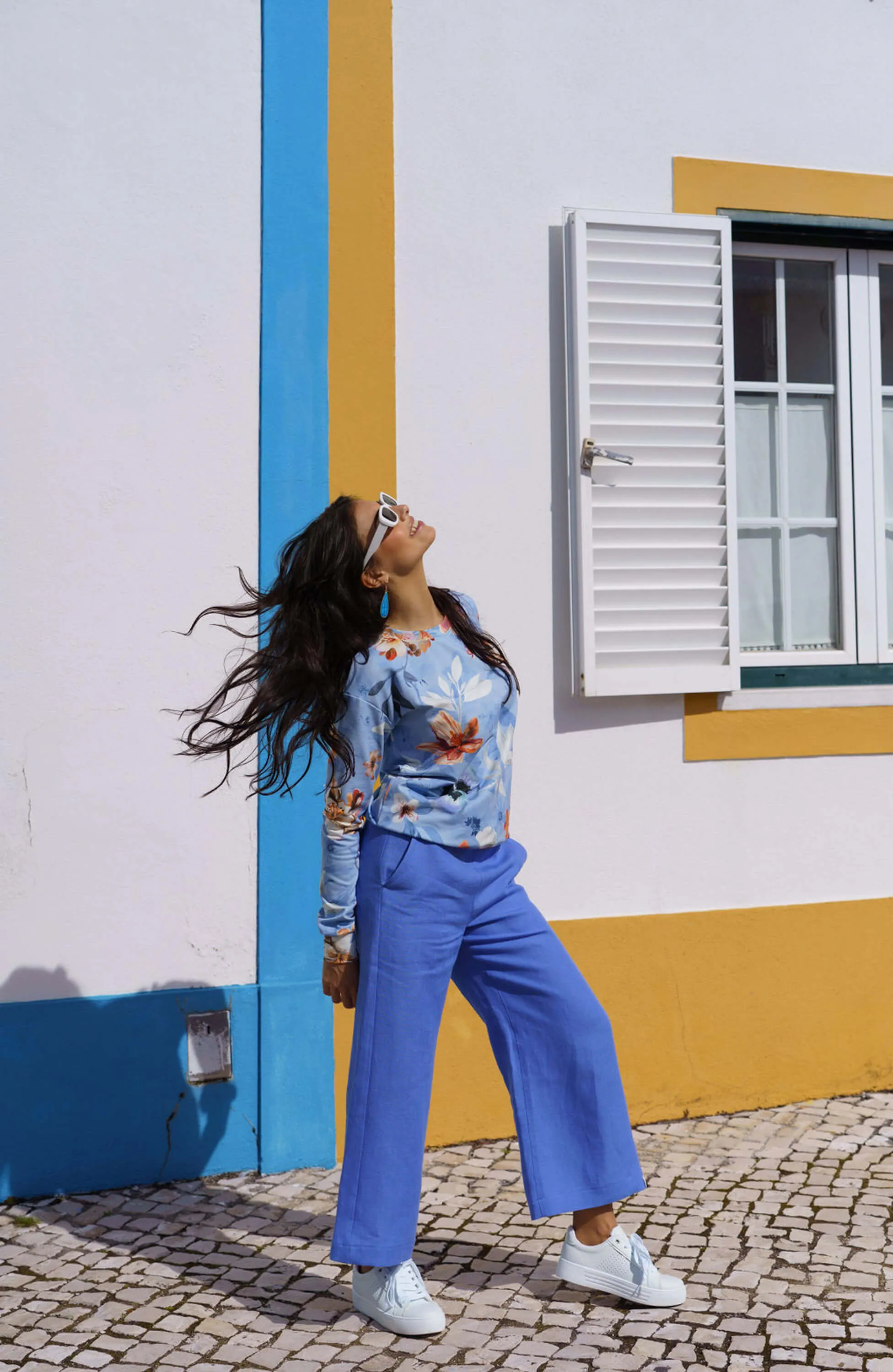 Culottes pellavahousut, Stonewashed Marina Blue
