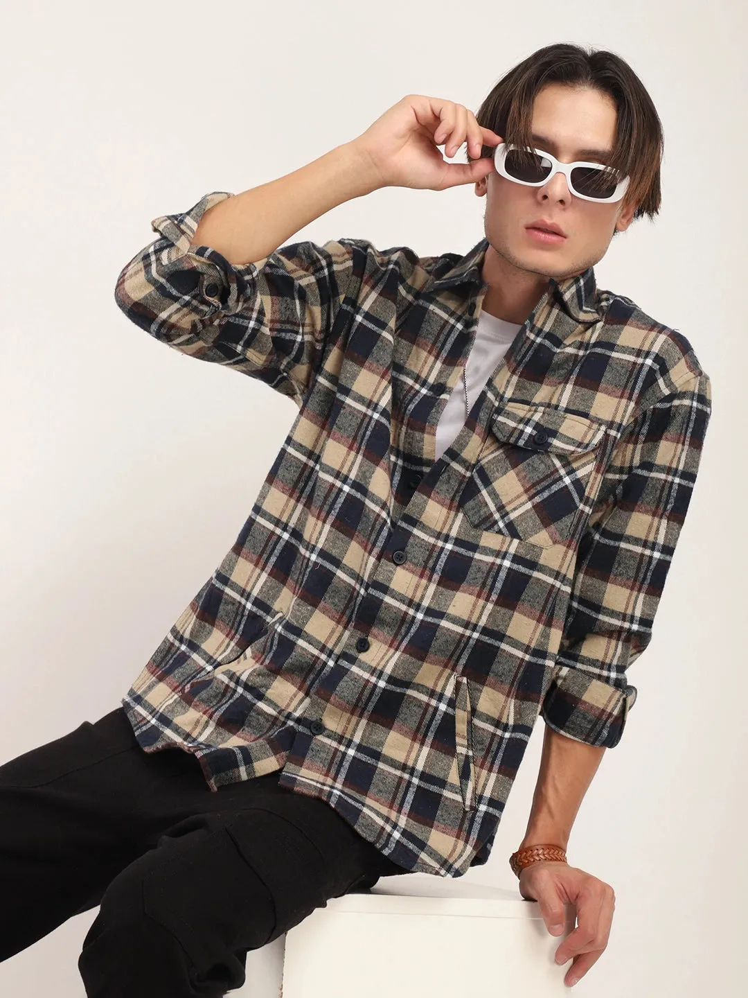 Falanel Check Beige Full Sleeve Shirt