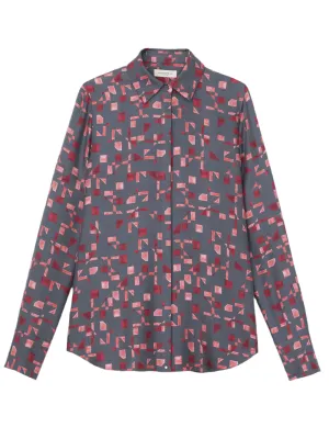 Lafayette 148 Scottie Silk Twill Print Blouse in Steel Multi