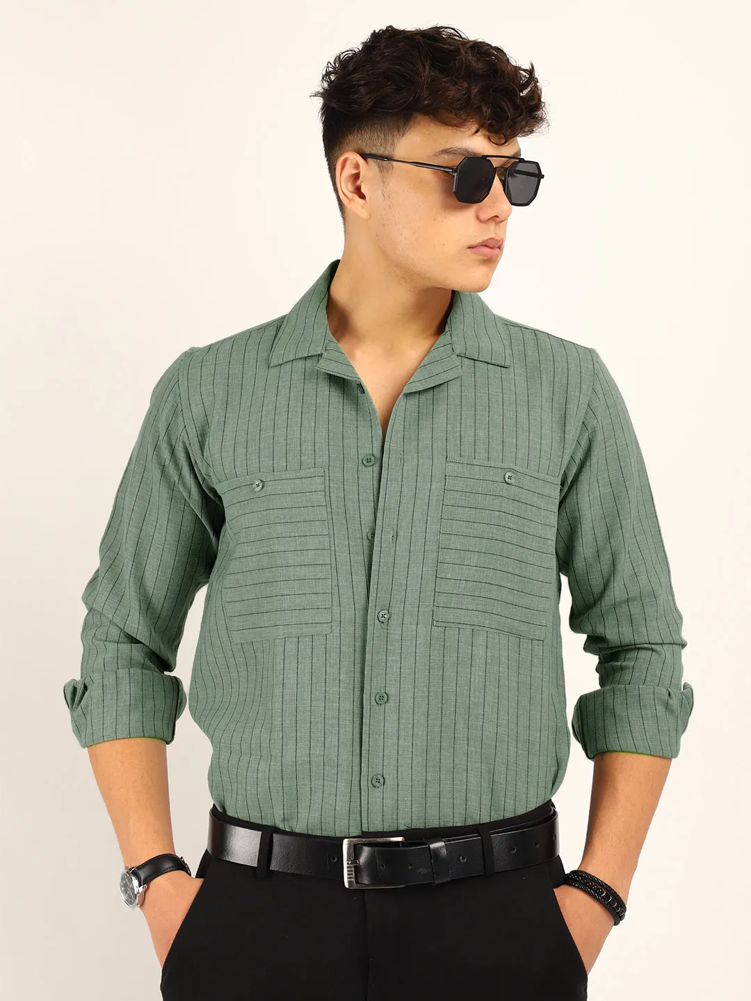 Linen Acuaa Sea Green Full Sleeve Shirt