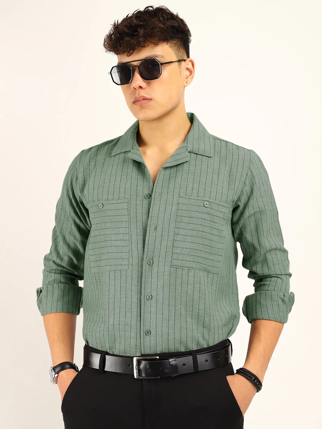 Linen Acuaa Sea Green Full Sleeve Shirt