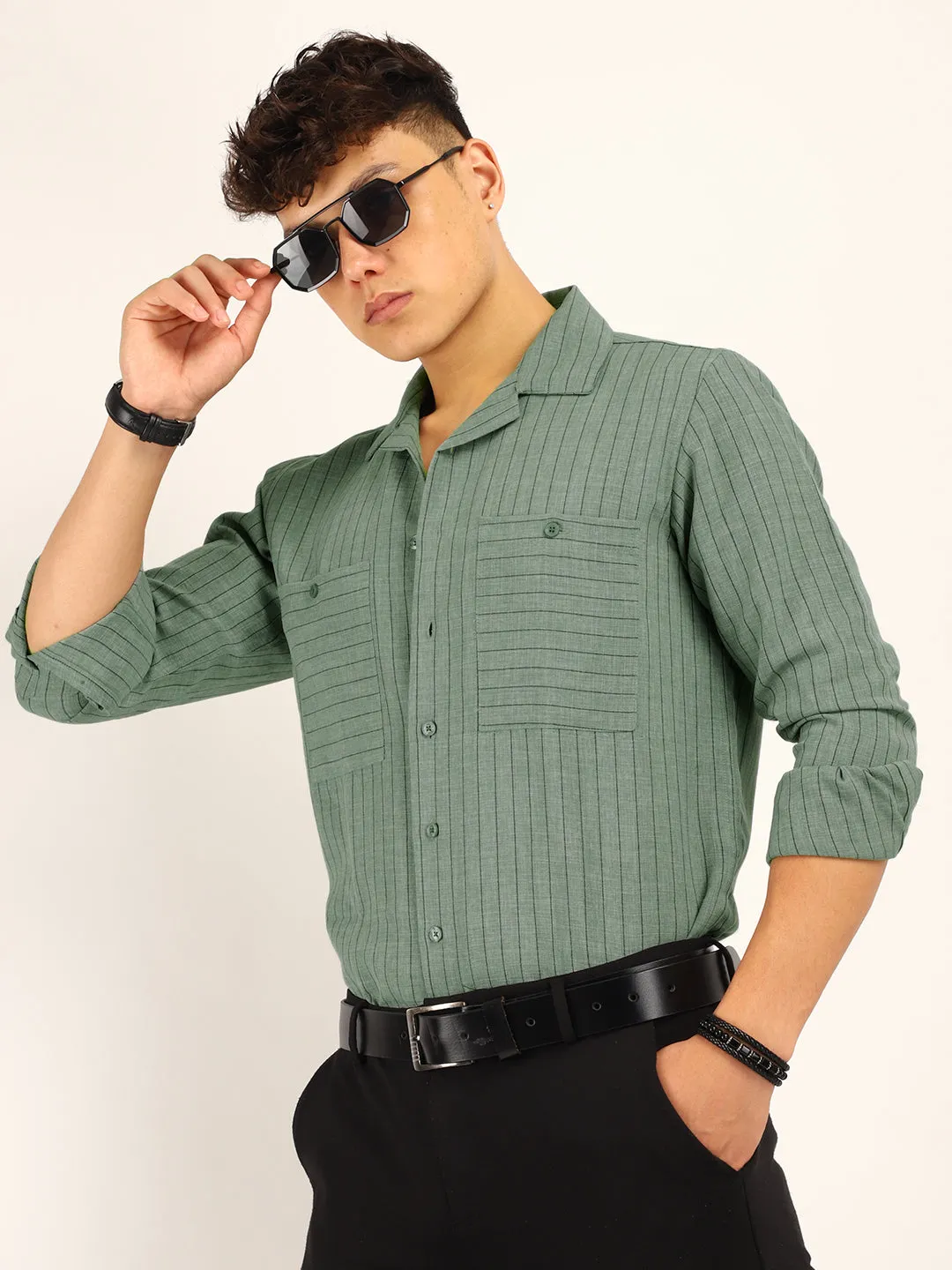 Linen Acuaa Sea Green Full Sleeve Shirt