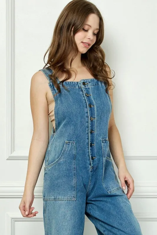 Medium Wash Denim Multi Button Fatigue Overall