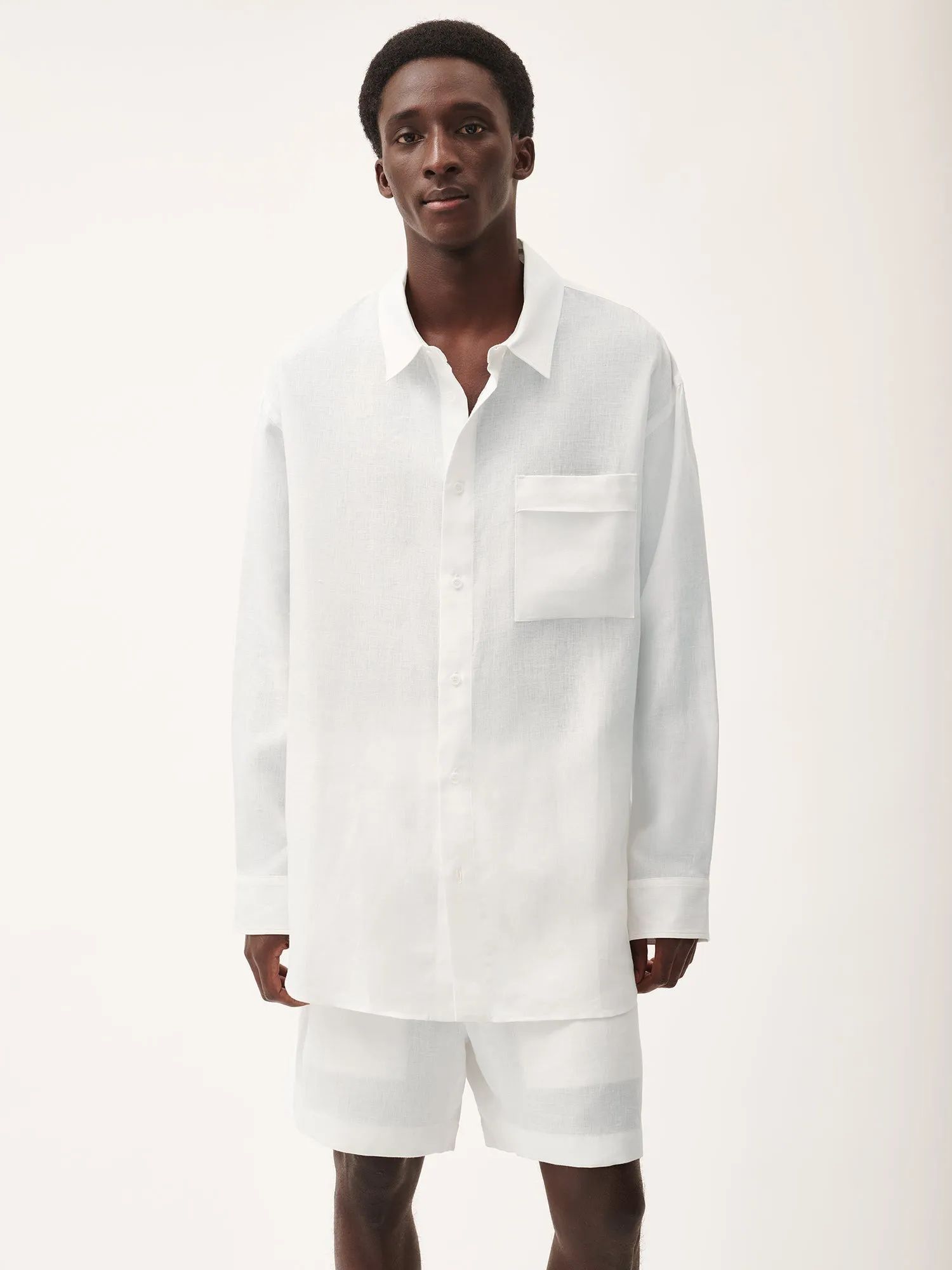Mens DNA Aloe Linen Collared Long Sleeve Shirt—off-white