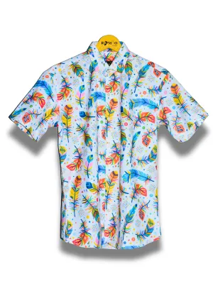 Men's White Pure Cotton Regular Fit Printed Half Sleeves Casual Shirt (f18)