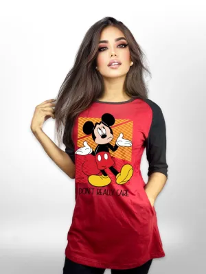 Mickey Worries Printed Long T-shirt Raglan Sleeve Side Pocket For Women's