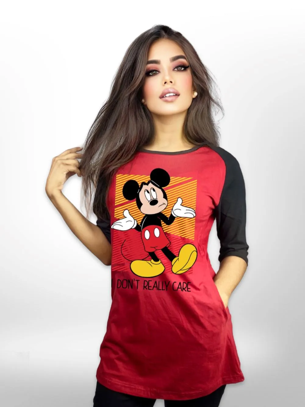 Mickey Worries Printed Long T-shirt Raglan Sleeve Side Pocket For Women's