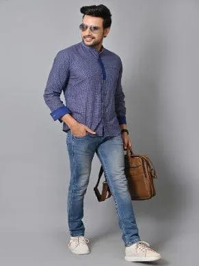 Navy Blue Khadi Soft Check Men Shirt