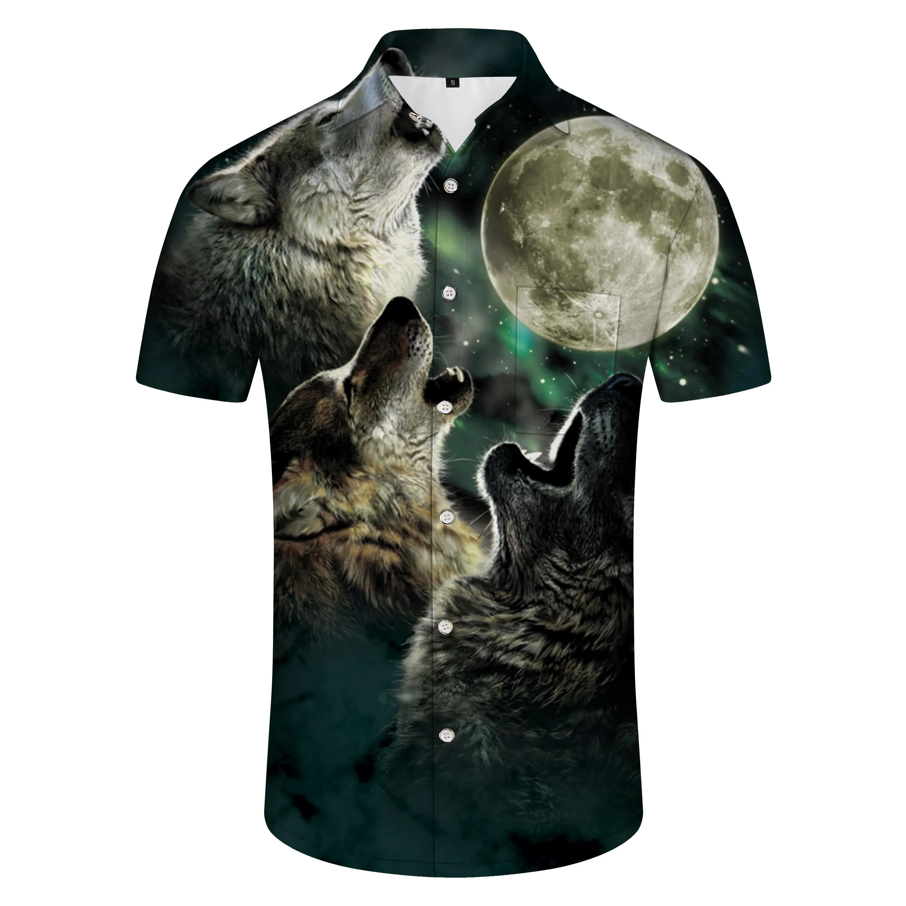 Pack of wolves mysterious tropical Hawaiian lapel button collar loose casual short-sleeved beach wear shirt print pattern