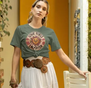 Retro Sun Smile Graphic Tee, Love Fuels Laughter Shirt, Unisex Vintage-Inspired T-Shirt Design