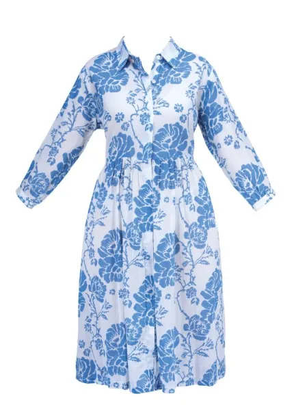 ROBE CHEMISE LONGUE FLEURS BLEUES