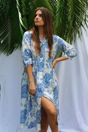 ROBE CHEMISE LONGUE FLEURS BLEUES