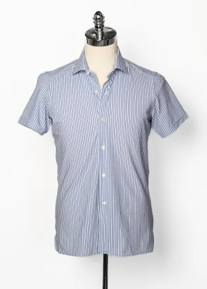 Short Sleeve Shirt in White and Light Blue Double Stripe