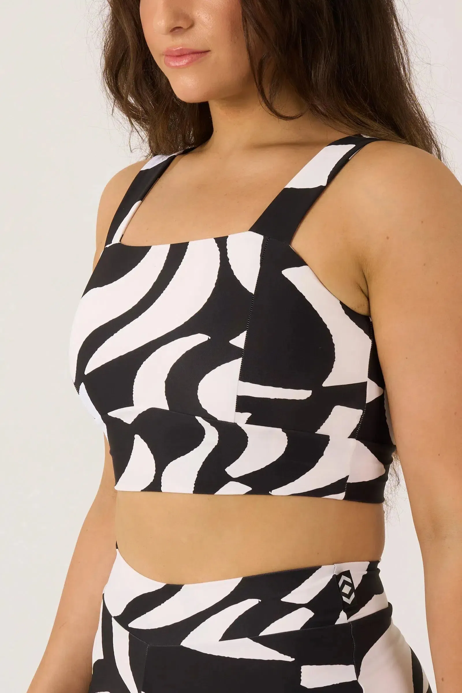 Silky Square Neck Comfort Crop Top - Black Geo Waves