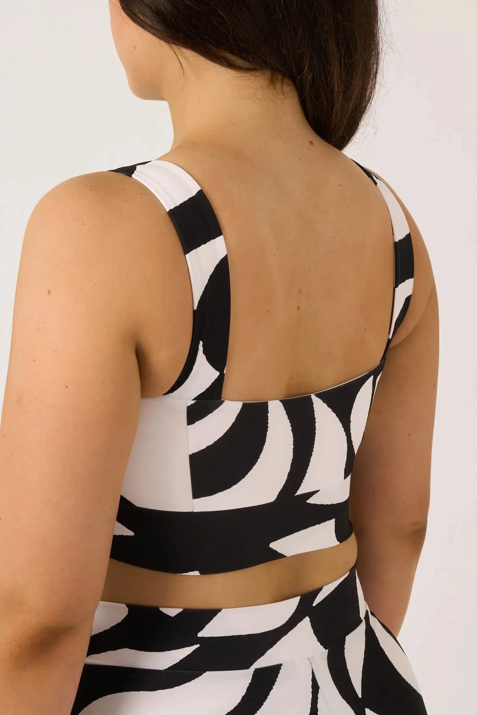 Silky Square Neck Comfort Crop Top - Black Geo Waves