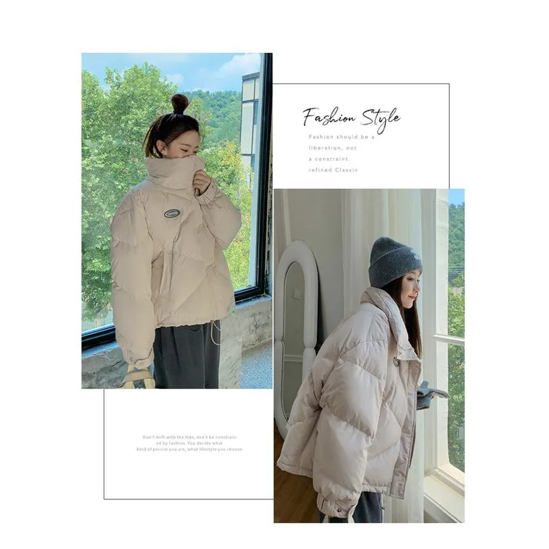 Stand-Up Collar Solid Cropped Loose Fit Puffer Jacket