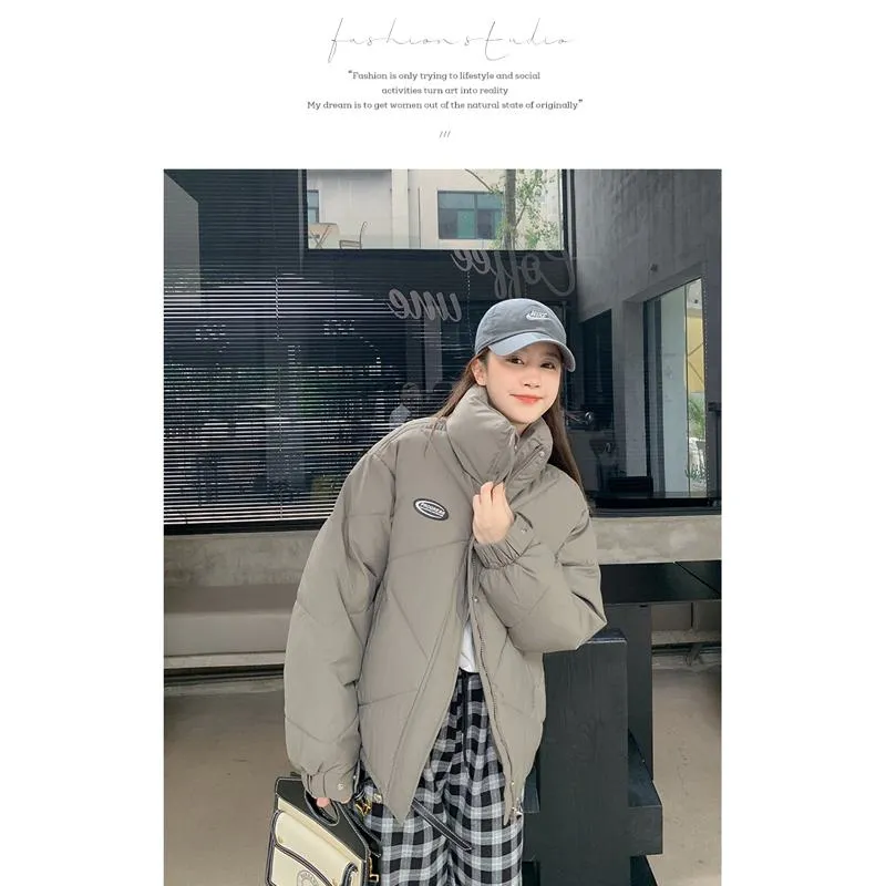 Stand-Up Collar Solid Cropped Loose Fit Puffer Jacket