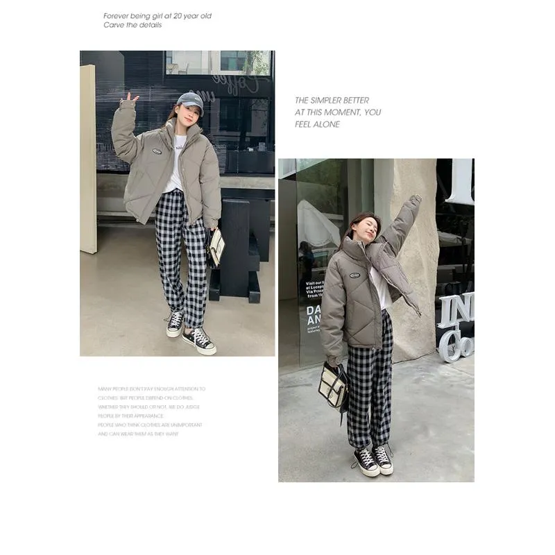 Stand-Up Collar Solid Cropped Loose Fit Puffer Jacket