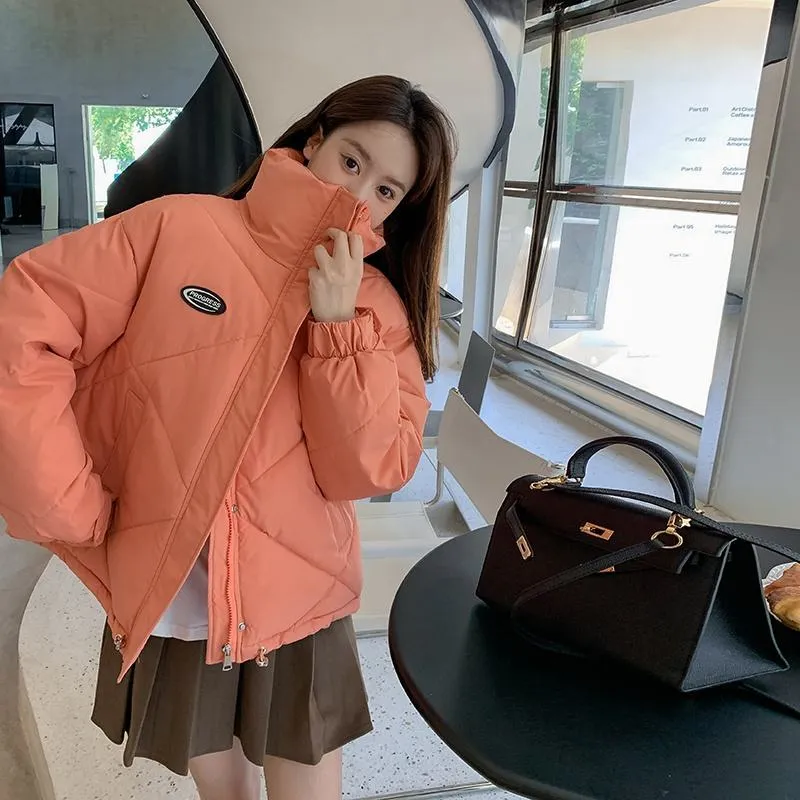 Stand-Up Collar Solid Cropped Loose Fit Puffer Jacket
