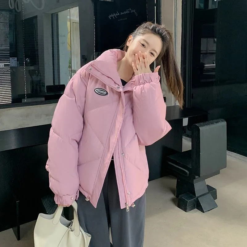 Stand-Up Collar Solid Cropped Loose Fit Puffer Jacket