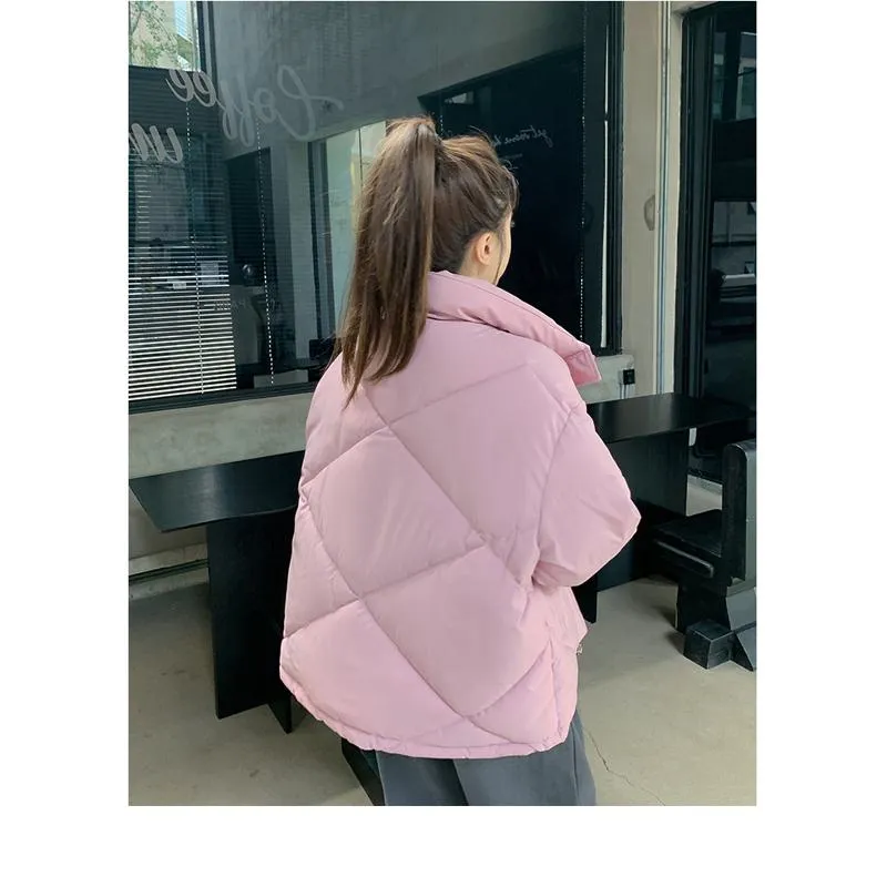 Stand-Up Collar Solid Cropped Loose Fit Puffer Jacket