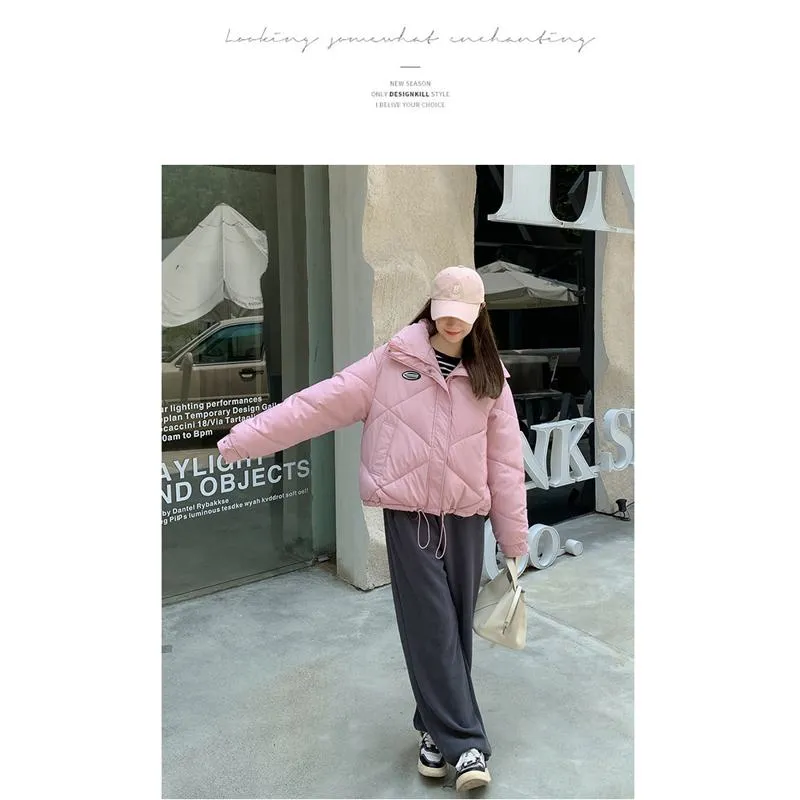 Stand-Up Collar Solid Cropped Loose Fit Puffer Jacket