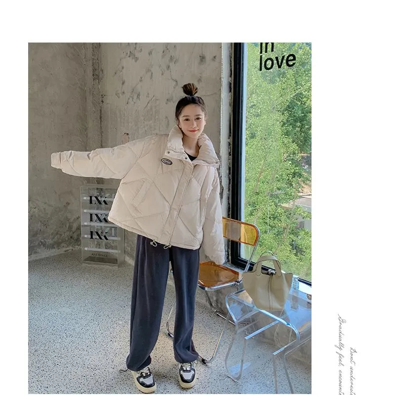Stand-Up Collar Solid Cropped Loose Fit Puffer Jacket