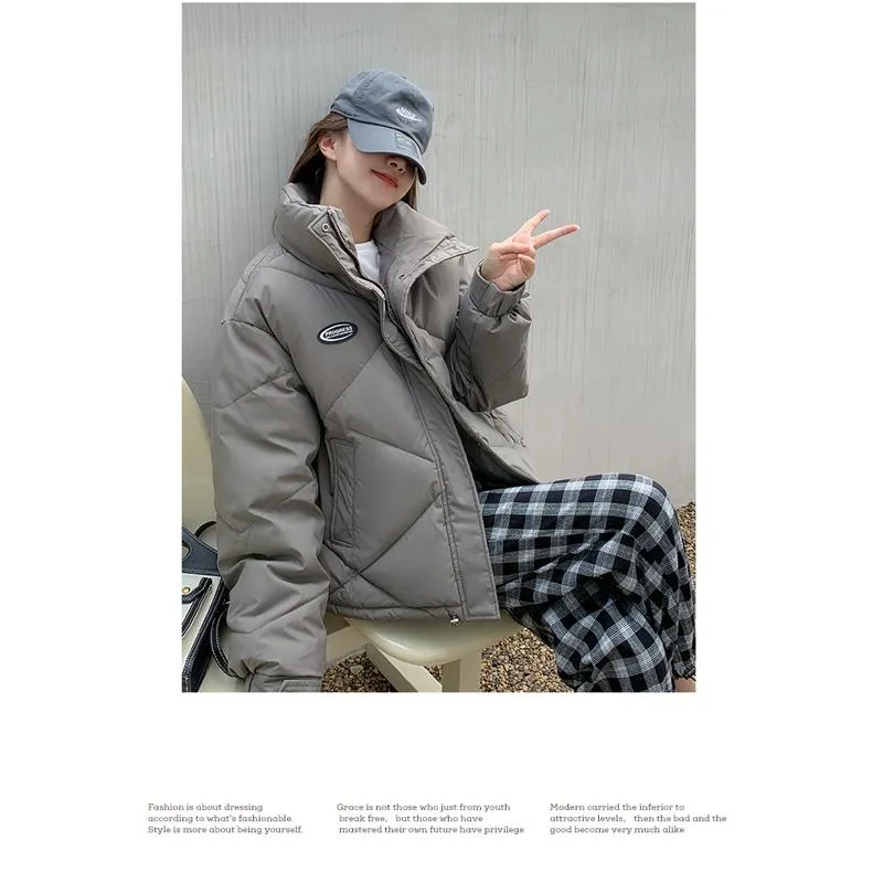 Stand-Up Collar Solid Cropped Loose Fit Puffer Jacket