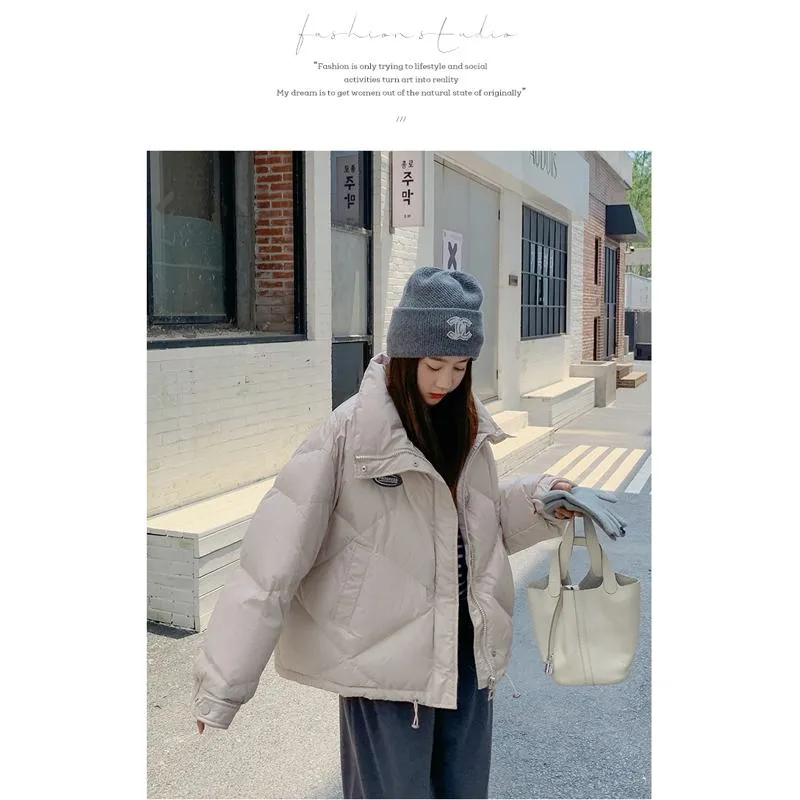 Stand-Up Collar Solid Cropped Loose Fit Puffer Jacket